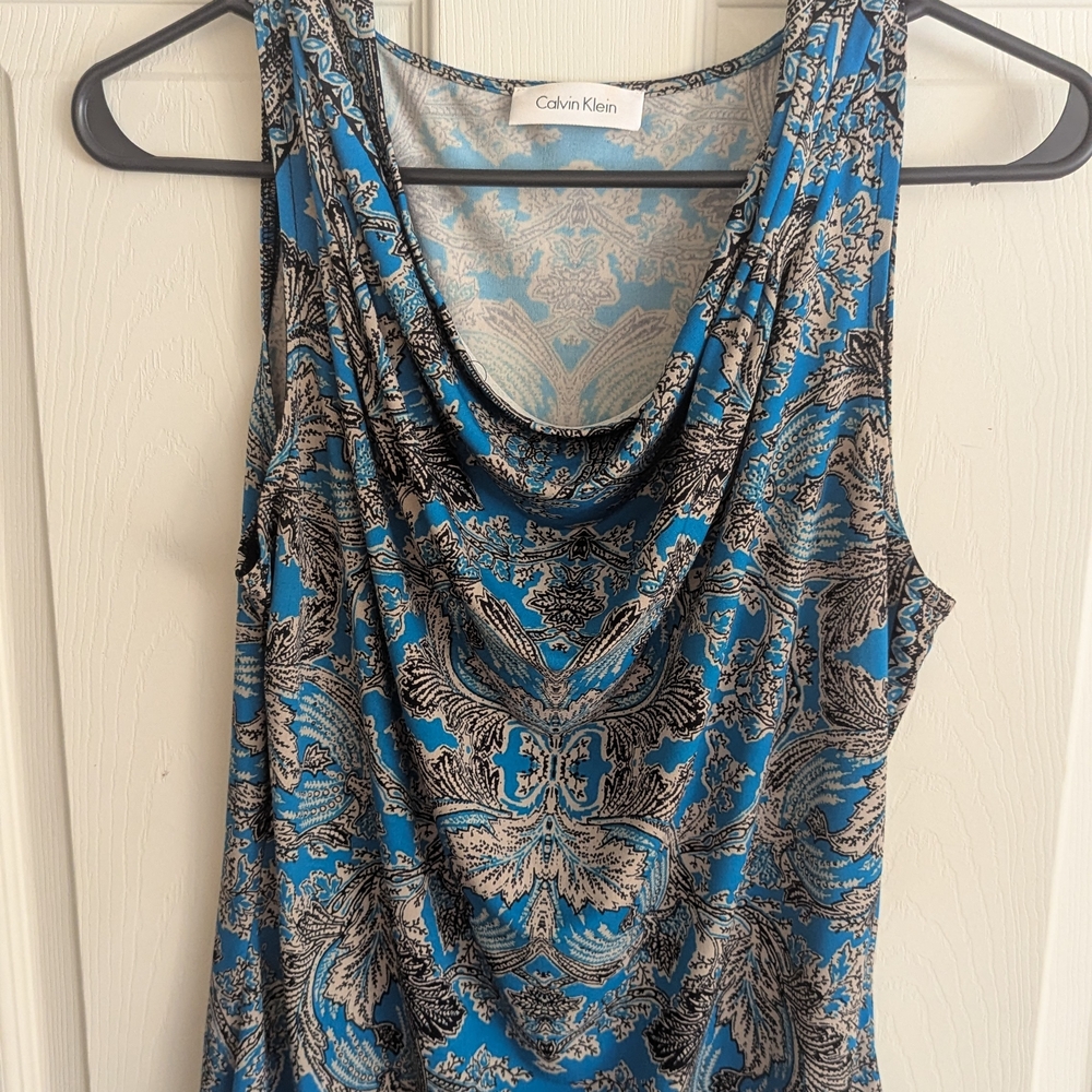 Calvin Klein Teal and Gray Cowl Neck Paisley